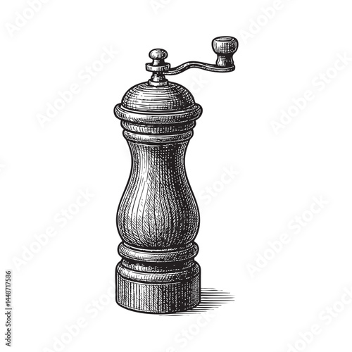 pepper mill grinder woodcut engraving vector illustration