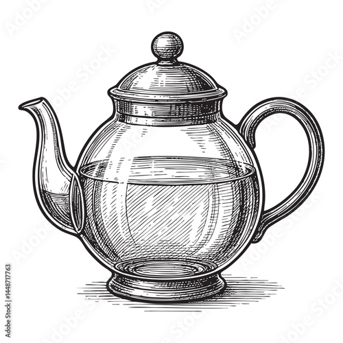 glass teapot woodcut engraving vector illustration