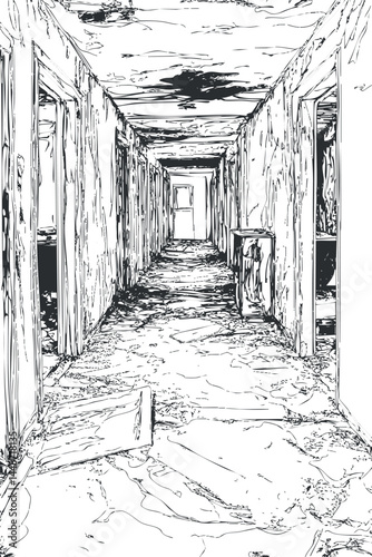 Black and white sketch of an abandoned, dilapidated hallway with broken doors and cracked walls
