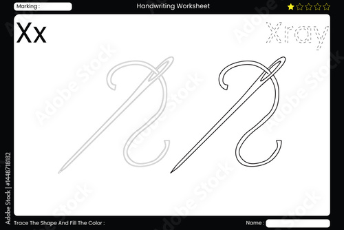 race Letter X. Sharp Sewing Needle Coloring Page for Kids. Printable Vocabulary Builder. Educational Vector Worksheet