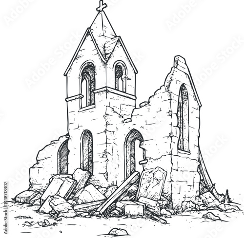 Black and white sketch of a ruined old stone church with broken walls and a cross on top.