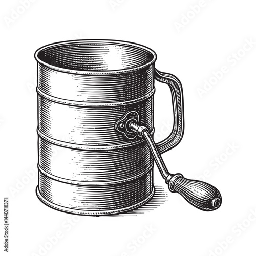 flour sifter with crank handle woodcut engraving vector illustration