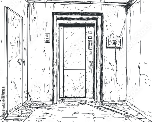 Abandoned elevator door in a damaged and deteriorated room with cracked walls and debris on the floor