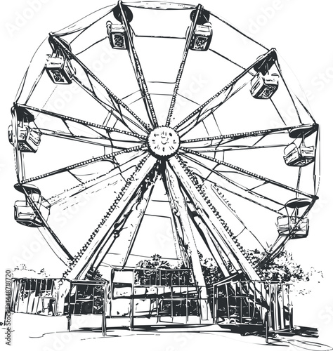 Black and white sketch of a ferris wheel amusement ride with multiple seats and metal structure at a funfair.