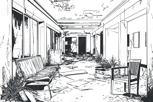 Black and white line art of an abandoned and dilapidated hallway with broken furniture and overgrown plants