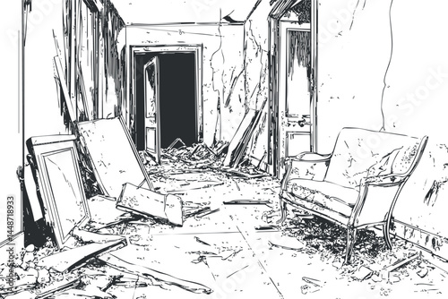 Black and white sketch of an abandoned damaged interior hallway with broken furniture and debris scattered