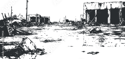 Black and white illustration of a ruined city street with destroyed buildings and debris scattered around