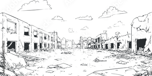Black and white line art of a deserted street with abandoned and ruined buildings showing postapocalyptic devastation