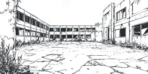 Black and white sketch of an abandoned and dilapidated building with cracked walls and overgrown plants