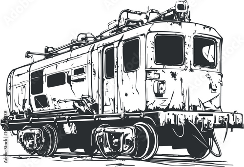 Black and white illustration of a vintage diesel locomotive train engine used for railway transport and cargo.