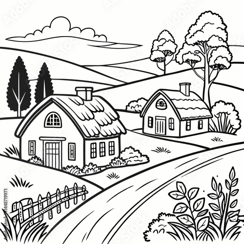 beautiful village scenery side lake and village road black and white coloring page 