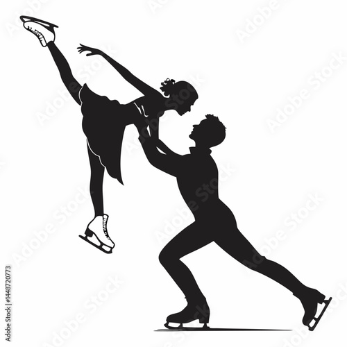 Icon with dark silhouettes of male and female figure skaters in an elegant lift