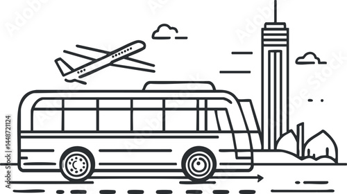 Black and white line art showing a bus on the road with an airplane flying overhead near city buildings.