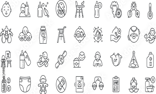 Baby feeding problem line icon set. Vector pictograms of food, allergy, colic, reflux, spit, crying, discomfort, hot, cold, temperature, spoon