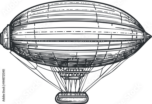 Vintage hand-drawn illustration of a zeppelin airship showing detailed structure and gondola