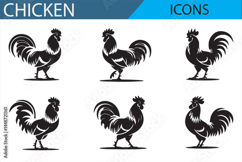 Fowl Icons Set - Chicken and Hen Vector Silhouettes for Design