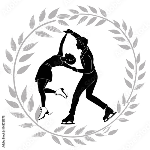 Icon with dark silhouettes of male and female figure skaters in an embrace within a laurel wreath without background