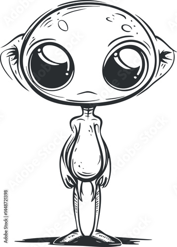 Black and white cartoon illustration of a cute alien creature with big eyes and a small body.