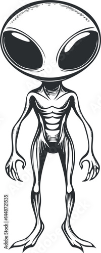 Black and white illustration of a skinny humanoid alien with a large head and big eyes