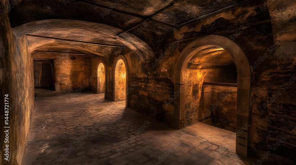 Fototapeta premium Mysterious Old Stone Corridor Archway Dungeon