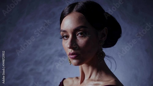 Elegant woman in regal dress with artistic backdrop