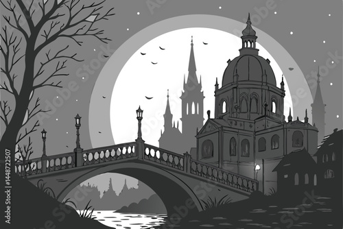 61 Dark fantasy cityscape, floating islands, ornate gothic architecture, crumbling stone bridge, giant full moon, misty atmosphere, starry night sky, dramatic lighting, black and white, highly detaile