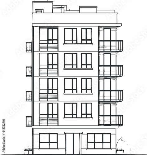 Black and white line drawing of a modern five-story apartment building with balconies and multiple windows