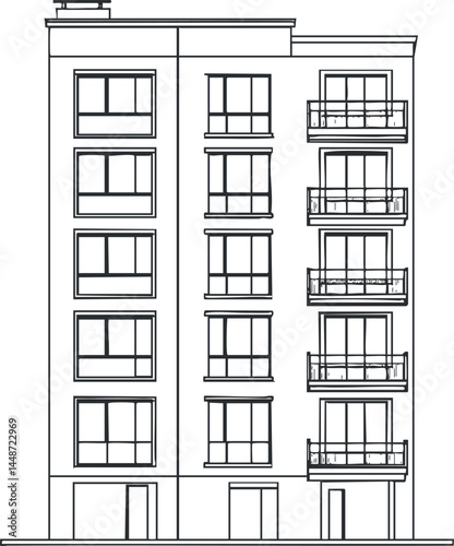 Black and white line drawing of a modern five-story apartment building with balconies and multiple windows