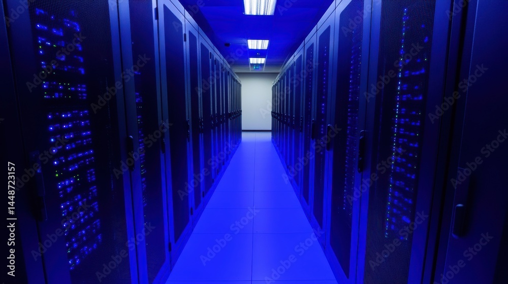 Fototapeta premium A 4K photo of data center server room corridor, technology infrastructure, blue lights, digital future.