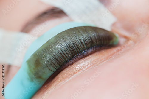 Obraz na płótnie Eyelash lamination close-up on a woman's face. Women's beauty procedures. w salonie