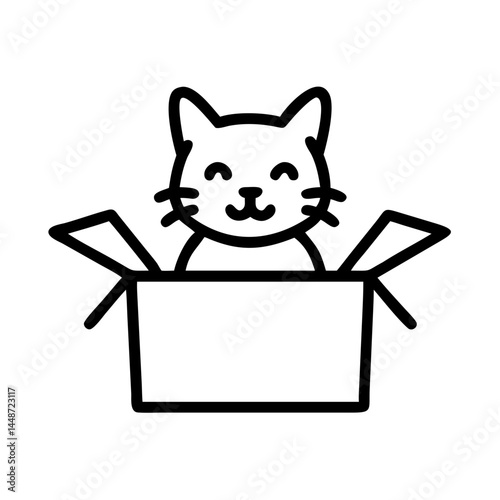 Cute kitten in a box illustration, playful expression on white background, copy space