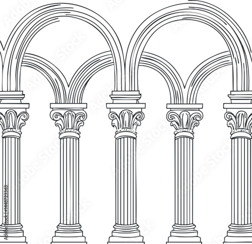 Black and white line art of classical Roman architectural columns with arches and decorative capitals