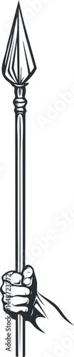 Hand holding a spear with a pointed tip, black and white line art illustration