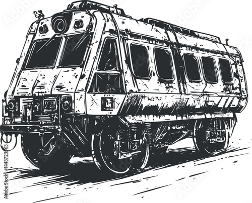 Black and white hand-drawn illustration of a train locomotive on railway tracks for transportation and travel concepts