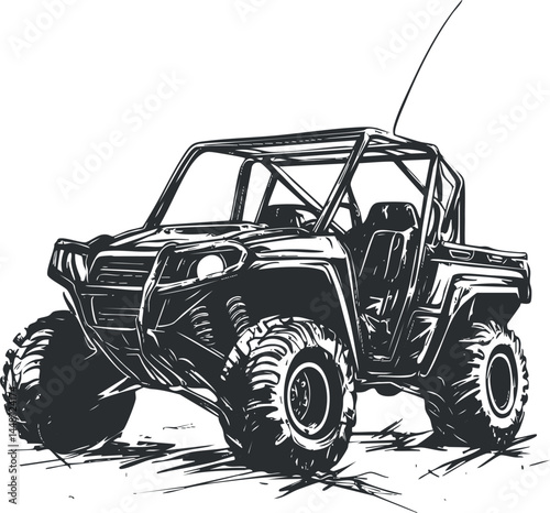 Black and white sketch of an offroad buggy vehicle with large tires for rough terrain