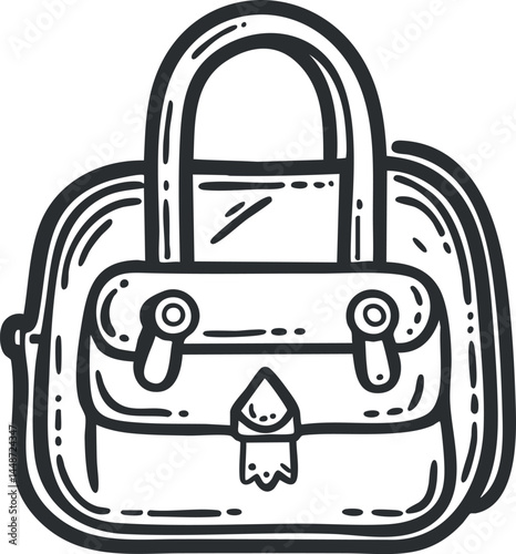 Black and white line drawing of a stylish handbag with handle and front pocket lock