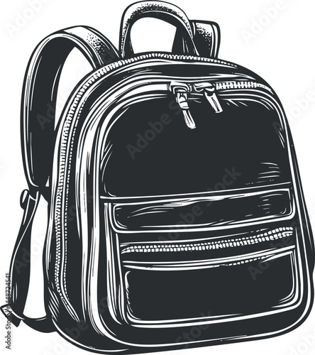 Black and white illustration of a backpack with multiple compartments and adjustable shoulder straps for travel or school use