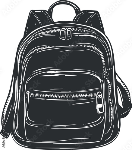 Black and white illustration of a backpack with multiple compartments and zippers for travel or school use