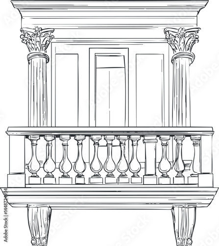 Black and white line drawing of a classical balcony with Corinthian columns and ornate balustrade on building facade