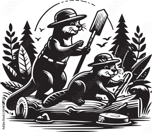 Two Beavers in a Canoe, Classic Illustration Style. A black and white illustration of two beavers in a canoe, paddling on water.
