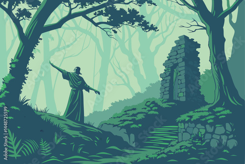 63 Mystical forest guardian, ancient statue covered in vines, ethereal mist, lush green foliage, outstretched arms, dramatic pose, moss-covered stone figure, ethereal lighting, fantasy landscape, magi