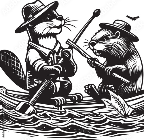 Two Beavers in a Canoe, Classic Illustration Style. A black and white illustration of two beavers in a canoe, paddling on water.