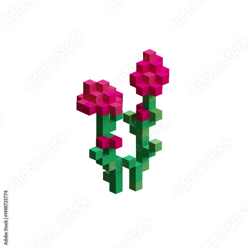 pink 3d flower pixel flower illustration blocky 3d flower pixel art voxel flowers collection