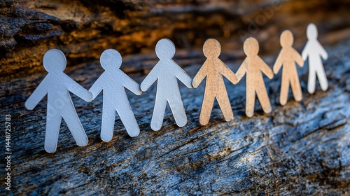 Paper people holding hands on wood; unity concept