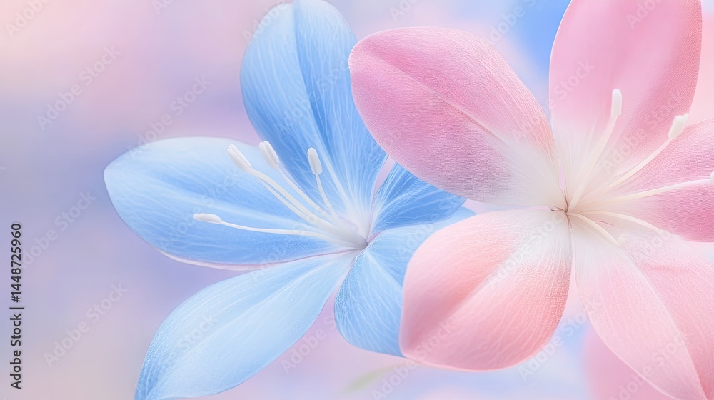 Close-up view of delicate pastel flowers in soft blue and pink tones. Close-up view of delicate pastel flowers in soft blue and pink tones.