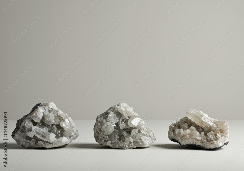 Naklejka premium Three large crystal clusters with white and grey geode formations on a light background useful for science, nature, mineralogy, geology, mining industry concepts