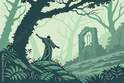 63 Mystical forest guardian, ancient statue covered in vines, ethereal mist, lush green foliage, outstretched arms, dramatic pose, moss-covered stone figure, ethereal lighting, fantasy landscape, magi