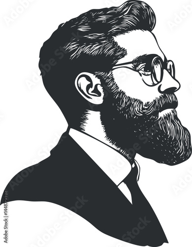 Black and white vector illustration of a stylish bearded man wearing glasses in profile view.