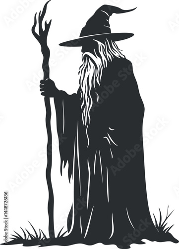 Silhouette of a wizard with long beard and hat holding a staff standing on grass