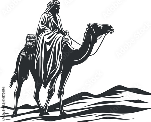 Silhouette of a traditionally dressed man riding a camel in a desert landscape with dunes and hills